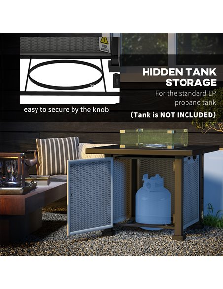 Outsunny Square Gas Fire Pit Table, Rattan Smokeless Fire Pit with Glass Screen and Beads, Lid, 50000 BTU, 81x81x64cm, Grey 842- - pic 55345 | FastDaddyshop