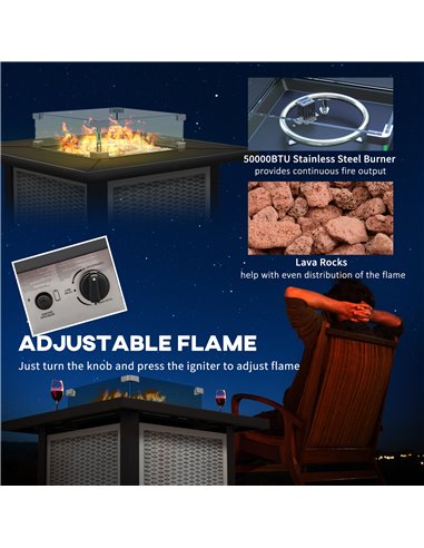 Outsunny Square Gas Fire Pit Table, Rattan Smokeless Fire Pit with Glass Screen and Beads, Lid, 50000 BTU, 81x81x64cm, Grey 842-