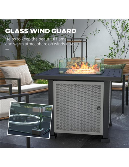 Outsunny Square Gas Fire Pit Table, Rattan Smokeless Fire Pit with Glass Screen and Beads, Lid, 50000 BTU, 81x81x64cm, Grey 842- - pic 55347 | FastDaddyshop