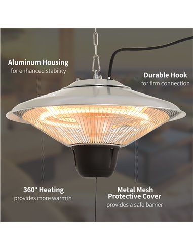 Outsunny 1500W Patio Heater Outdoor Ceiling Mounted Aluminium Halogen Electric Hanging  Heating Light Pull Switch Control 842-08