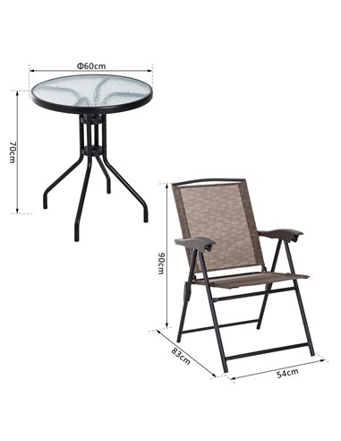 Outsunny 3 Piece Patio Furniture Garden Bistro Set Outdoor 2 Folding Chairs 1 Tempered Glass Table  Adjustable Backrest Metal - 