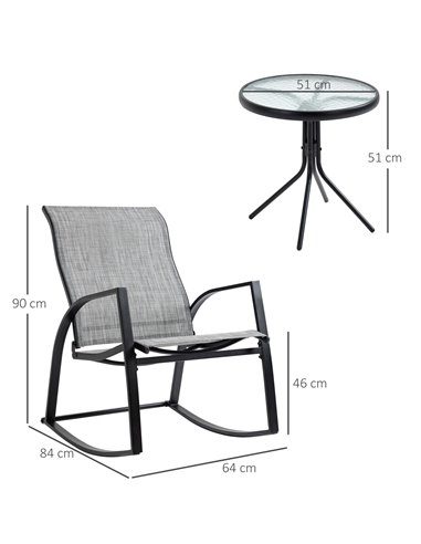 Outsunny Outdoor Patio Bistro Set with 2 Rocking Chairs & Tempered Glass Table, Ideal for Garden, Porch, Poolside, Grey 84B-898