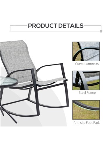 Outsunny Outdoor Patio Bistro Set with 2 Rocking Chairs & Tempered Glass Table, Ideal for Garden, Porch, Poolside, Grey 84B-898