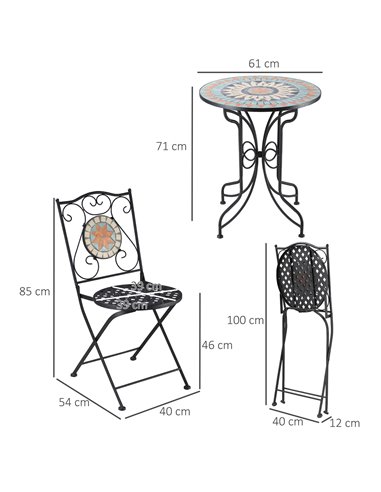 Outsunny 3 Piece Garden Bistro Set, Folding Patio Chairs and Mosaic Round Tabletop for Outdoor, Metal, Balcony, Poolside, Light 