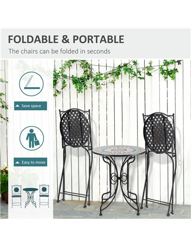 Outsunny 3 Piece Garden Bistro Set, Folding Patio Chairs and Mosaic Round Tabletop for Outdoor, Metal, Balcony, Poolside, Light 