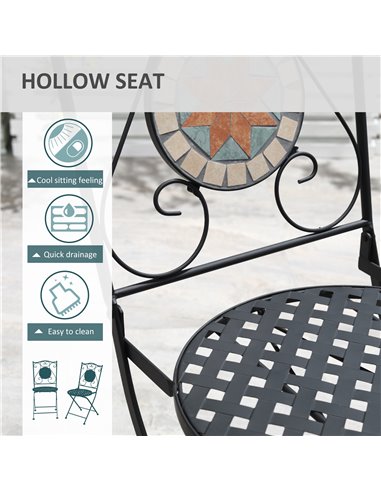 Outsunny 3 Piece Garden Bistro Set, Folding Patio Chairs and Mosaic Round Tabletop for Outdoor, Metal, Balcony, Poolside, Light 