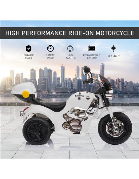 HOMCOM Kids 6V Battery PP Motorcycle Ride On Trike w/ Lights Music Horn 18 - 36 Months White - pic 5549 | FastDaddyshop