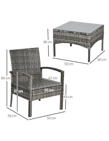 Outsunny 3 Pieces Outdoor Rattan Bistro Set, Patio Wicker Balcony Furniture, Conservatory Sets w/ Coffee Table and Cushioned Cha