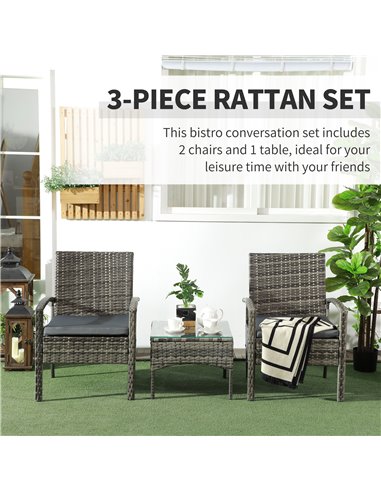 Outsunny 3 Pieces Outdoor Rattan Bistro Set, Patio Wicker Balcony Furniture, Conservatory Sets w/ Coffee Table and Cushioned Cha