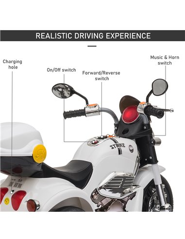 HOMCOM Kids 6V Battery PP Motorcycle Ride On Trike w/ Lights Music Horn 18 - 36 Months White