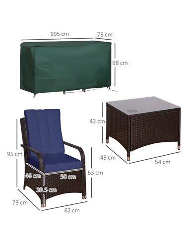 Outsunny 3 Pieces Outdoor Rattan Bistro Set, Patio Wicker Balcony Furniture with Steel Frame, Conservatory Set w/ 2 Cushioned Ch