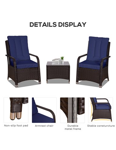 Outsunny 3 Pieces Outdoor Rattan Bistro Set, Patio Wicker Balcony Furniture with Steel Frame, Conservatory Set w/ 2 Cushioned Ch