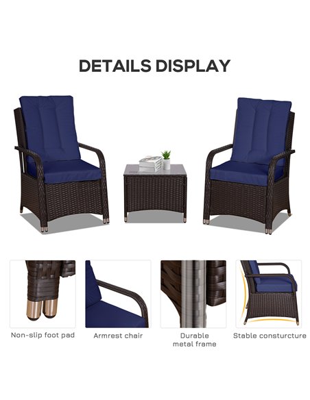 Outsunny 3 Pieces Outdoor Rattan Bistro Set, Patio Wicker Balcony Furniture with Steel Frame, Conservatory Set w/ 2 Cushioned Ch - pic 55506 | FastDaddyshop