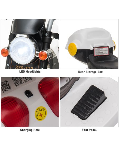 HOMCOM Kids 6V Battery PP Motorcycle Ride On Trike w/ Lights Music Horn 18 - 36 Months White - pic 5552 | FastDaddyshop
