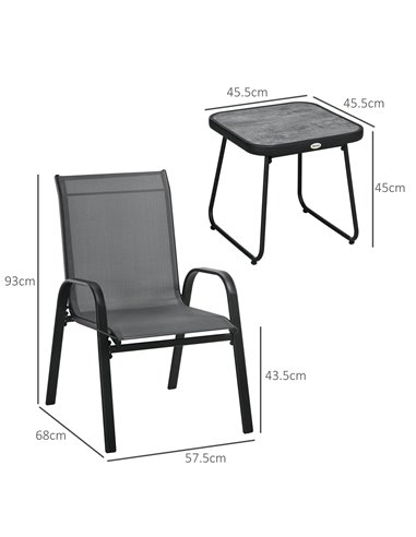 Outsunny 3 Pieces Outdoor Bistro Set, Patio Stackable Armchairs with Breathable Mesh Fabric and SPC Board Coffee Table, Light Gr