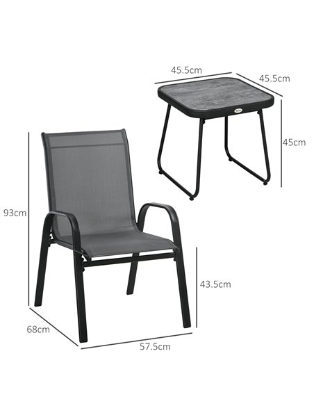 Outsunny 3 Pieces Outdoor Bistro Set, Patio Stackable Armchairs with Breathable Mesh Fabric and SPC Board Coffee Table, Light Gr - pic 55523 | FastDaddyshop
