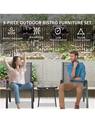 Outsunny 3 Pieces Outdoor Bistro Set, Patio Stackable Armchairs with Breathable Mesh Fabric and SPC Board Coffee Table, Light Gr