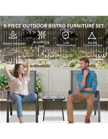Outsunny 3 Pieces Outdoor Bistro Set, Patio Stackable Armchairs with Breathable Mesh Fabric and SPC Board Coffee Table, Light Gr - pic 55524 | FastDaddyshop