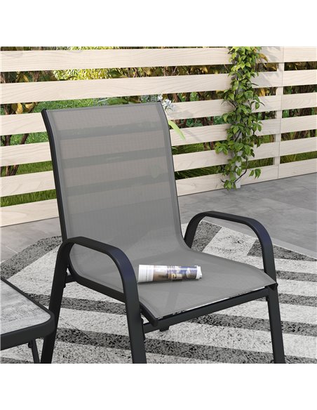 Outsunny 3 Pieces Outdoor Bistro Set, Patio Stackable Armchairs with Breathable Mesh Fabric and SPC Board Coffee Table, Light Gr - pic 55528 | FastDaddyshop