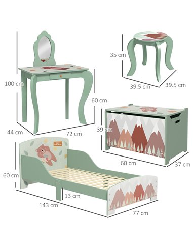 ZONEKIZ Kids Bedroom Furniture Set Includes Bed Frame, Kids Toy Chest, Dressing Table with Mirror and Stoolfor Ages 3-6 Years, G