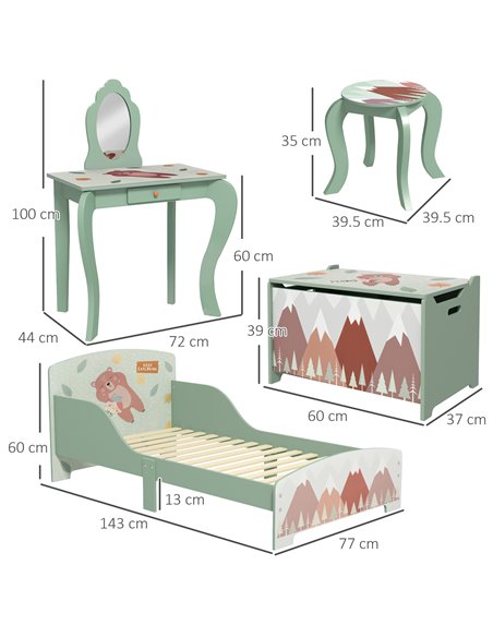 ZONEKIZ Kids Bedroom Furniture Set Includes Bed Frame, Kids Toy Chest, Dressing Table with Mirror and Stoolfor Ages 3-6 Years, G - pic 55613 | FastDaddyshop
