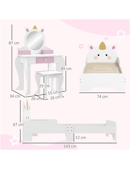 ZONEKIZ Unicorn Themed Children's Bedroom Set with Dressing Table, Mirror, Stool, and Toddler Bed Frame, 3-6 Years, Multicolour  - pic 55622 | FastDaddyshop