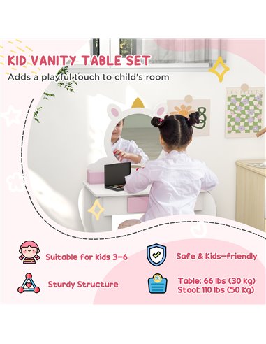 ZONEKIZ Unicorn Themed Children's Bedroom Set with Dressing Table, Mirror, Stool, and Toddler Bed Frame, 3-6 Years, Multicolour 