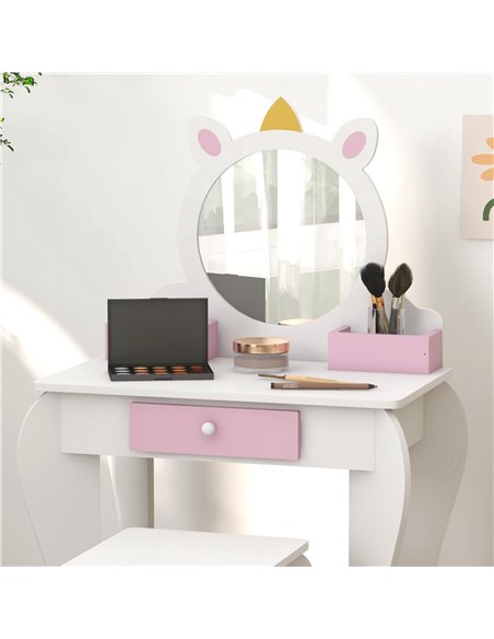 ZONEKIZ Unicorn Themed Children's Bedroom Set with Dressing Table, Mirror, Stool, and Toddler Bed Frame, 3-6 Years, Multicolour  - pic 55628 | FastDaddyshop