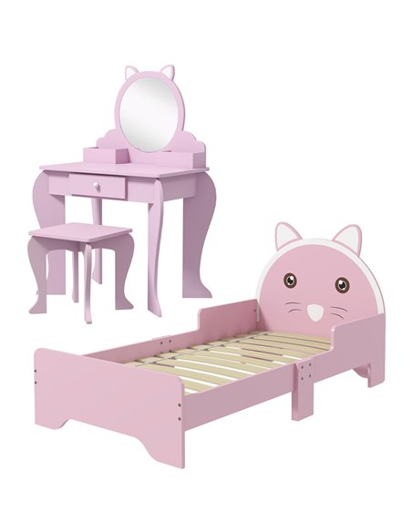 ZONEKIZ Wooden Children's Bedroom Set with Dressing Table, Stool, Bed, Cat Motif for Ages 3-6, Multicolour 313-P014 - pic 55629 | FastDaddyshop