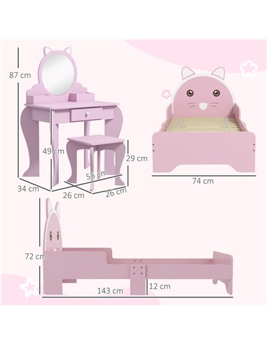 ZONEKIZ Wooden Children's Bedroom Set with Dressing Table, Stool, Bed, Cat Motif for Ages 3-6, Multicolour 313-P014
