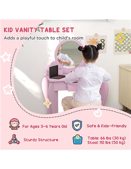 ZONEKIZ Wooden Children's Bedroom Set with Dressing Table, Stool, Bed, Cat Motif for Ages 3-6, Multicolour 313-P014 - pic 55632 | FastDaddyshop