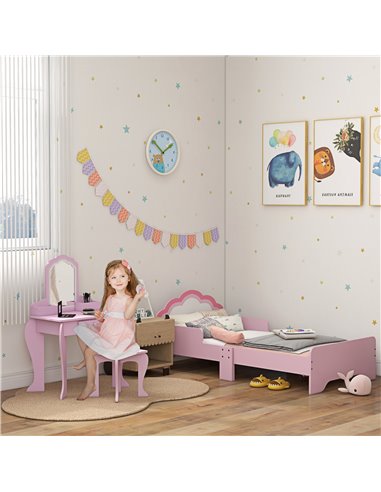 ZONEKIZ Cloud-Design Wooden Bedroom Furniture Set for Kids, Includes Dressing Table, Stool, Bed, 3-6 Years 313-P015