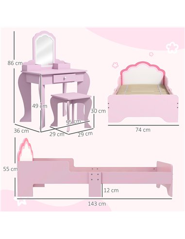 ZONEKIZ Cloud-Design Wooden Bedroom Furniture Set for Kids, Includes Dressing Table, Stool, Bed, 3-6 Years 313-P015