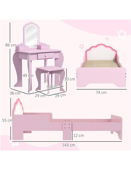 ZONEKIZ Cloud-Design Wooden Bedroom Furniture Set for Kids, Includes Dressing Table, Stool, Bed, 3-6 Years 313-P015 - pic 55640 | FastDaddyshop