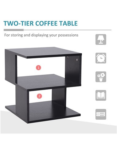HOMCOM Contemporary Square Coffee Table with 2 Tier Storage Shelves, Wooden Side Table for Living Room, Black 833-619BK