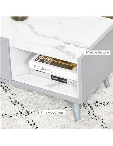 HOMCOM Two-Tone Coffee Table, Modern Marble Effect with Shelf Drawer, Duo Storage Side Table, Wood Legs, Grey - White 839-066BK