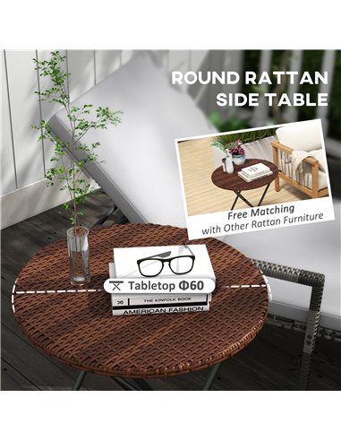 Outsunny Foldable PE Rattan Outdoor Coffee Table, Metal Frame Wicker Round Side Table, Coffee Table Side Table for Lawn, Garden,