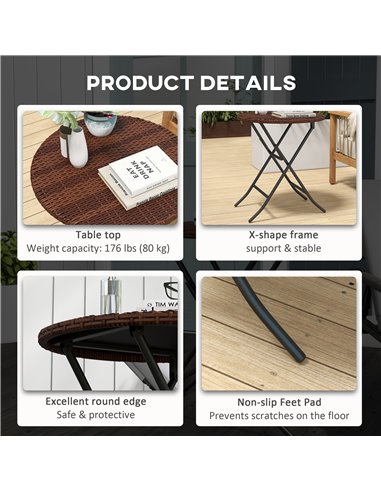 Outsunny Foldable PE Rattan Outdoor Coffee Table, Metal Frame Wicker Round Side Table, Coffee Table Side Table for Lawn, Garden,