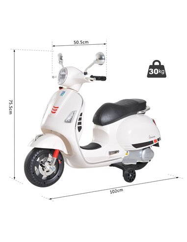 Vespa Kids Ride On Motorcycle, 6V, W/LED Lights - White - HOMCOM