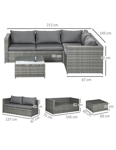 Outsunny 3 Pieces Rattan Garden Furniture 4 Seater Outdoor Patio Corner Sofa Chair Set with Coffee Table Thick Cushions Grey 860