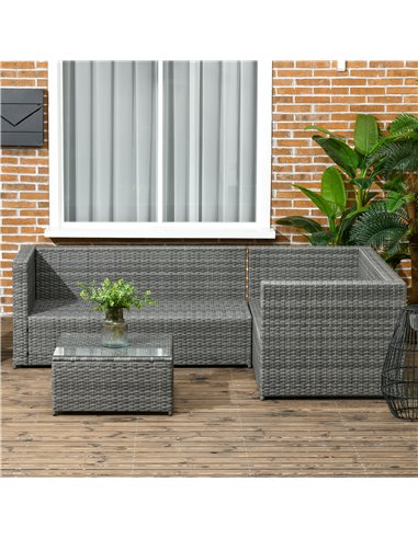 Outsunny 3 Pieces Rattan Garden Furniture 4 Seater Outdoor Patio Corner Sofa Chair Set with Coffee Table Thick Cushions Grey 860