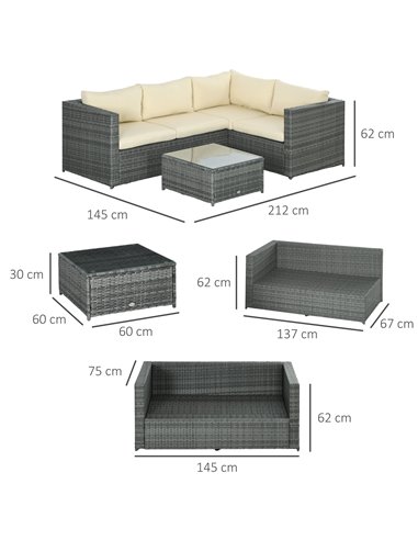 Outsunny 3Pcs Rattan Garden Furniture 4 Seater Outdoor Patio Corner Sofa Chair Set with Coffee Table Thick Cushions, Beige 860-0