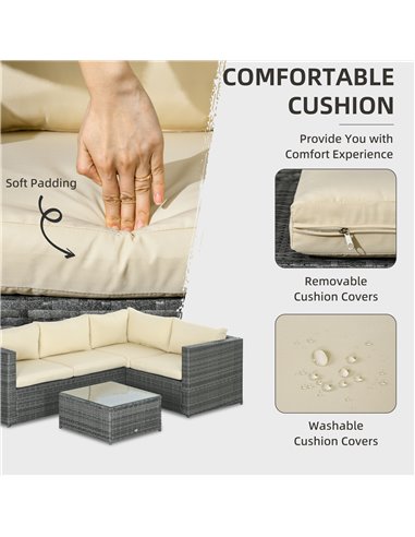 Outsunny 3Pcs Rattan Garden Furniture 4 Seater Outdoor Patio Corner Sofa Chair Set with Coffee Table Thick Cushions, Beige 860-0