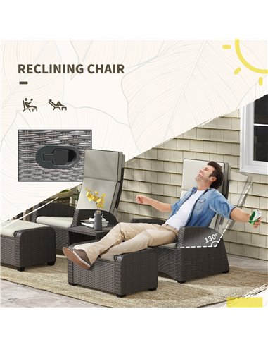 Outsunny 5-Piece Rattan Patio Reclining Chair Set with Footstools, Coffee Table, Cushions, for Outdoor Garden, Brown 860-336V70B