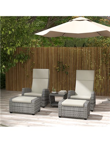Outsunny 5-Piece Rattan Patio Reclining Chair Set with Footstools, Coffee Table, Cushions, for Outdoor Garden, Grey 860-336V70GY