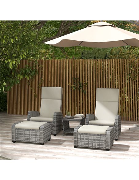 Outsunny 5-Piece Rattan Patio Reclining Chair Set with Footstools, Coffee Table, Cushions, for Outdoor Garden, Grey 860-336V70GY - pic 55854 | FastDaddyshop