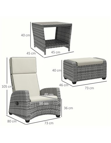 Outsunny 5-Piece Rattan Patio Reclining Chair Set with Footstools, Coffee Table, Cushions, for Outdoor Garden, Grey 860-336V70GY