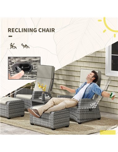 Outsunny 5-Piece Rattan Patio Reclining Chair Set with Footstools, Coffee Table, Cushions, for Outdoor Garden, Grey 860-336V70GY