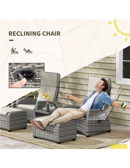 Outsunny 5-Piece Rattan Patio Reclining Chair Set with Footstools, Coffee Table, Cushions, for Outdoor Garden, Grey 860-336V70GY - pic 55856 | FastDaddyshop