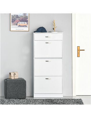 HOMCOM Shoe Cabinet with 4 Drawers Storage High Gloss Cupboard with Flip Doors Pull Down Furniture Unit with Adjustable Shelves 